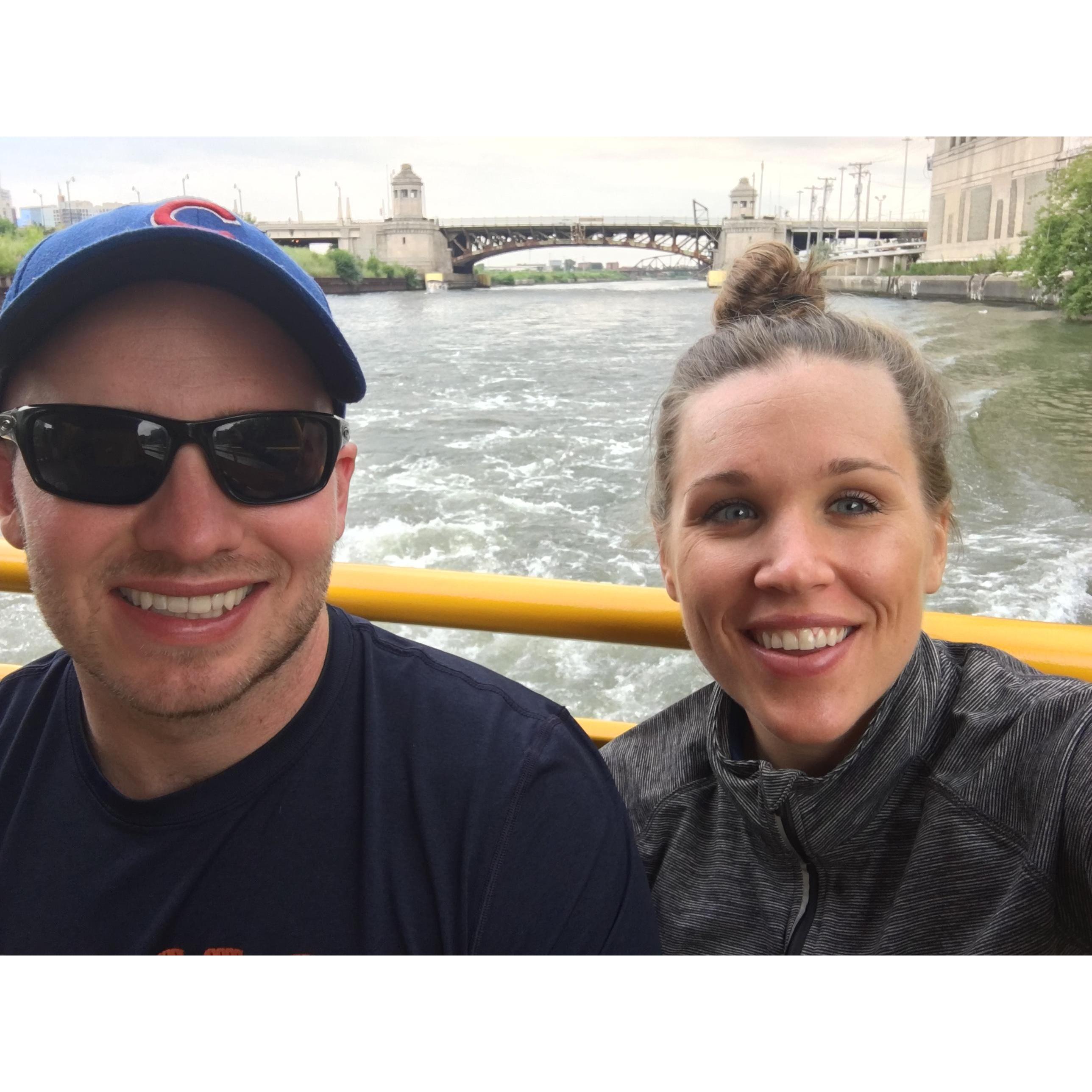 (July 2018) Taking the water taxi down the Chicago River. Jake was playing tour guide teaching Sarah the history of many downtown buildings.