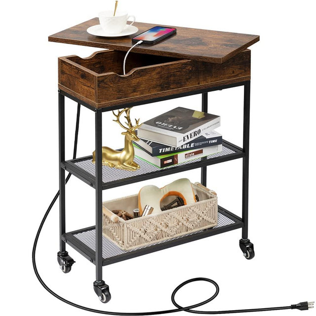 Hadulcet End Table with Charging Station & Rotating Top, Couch End Table, Rotating Swivel Top Side Table for Living Room & Bedroom, Narrow Rolling Side Table on Wheels, Skinny Nightstand, Rustic Brown