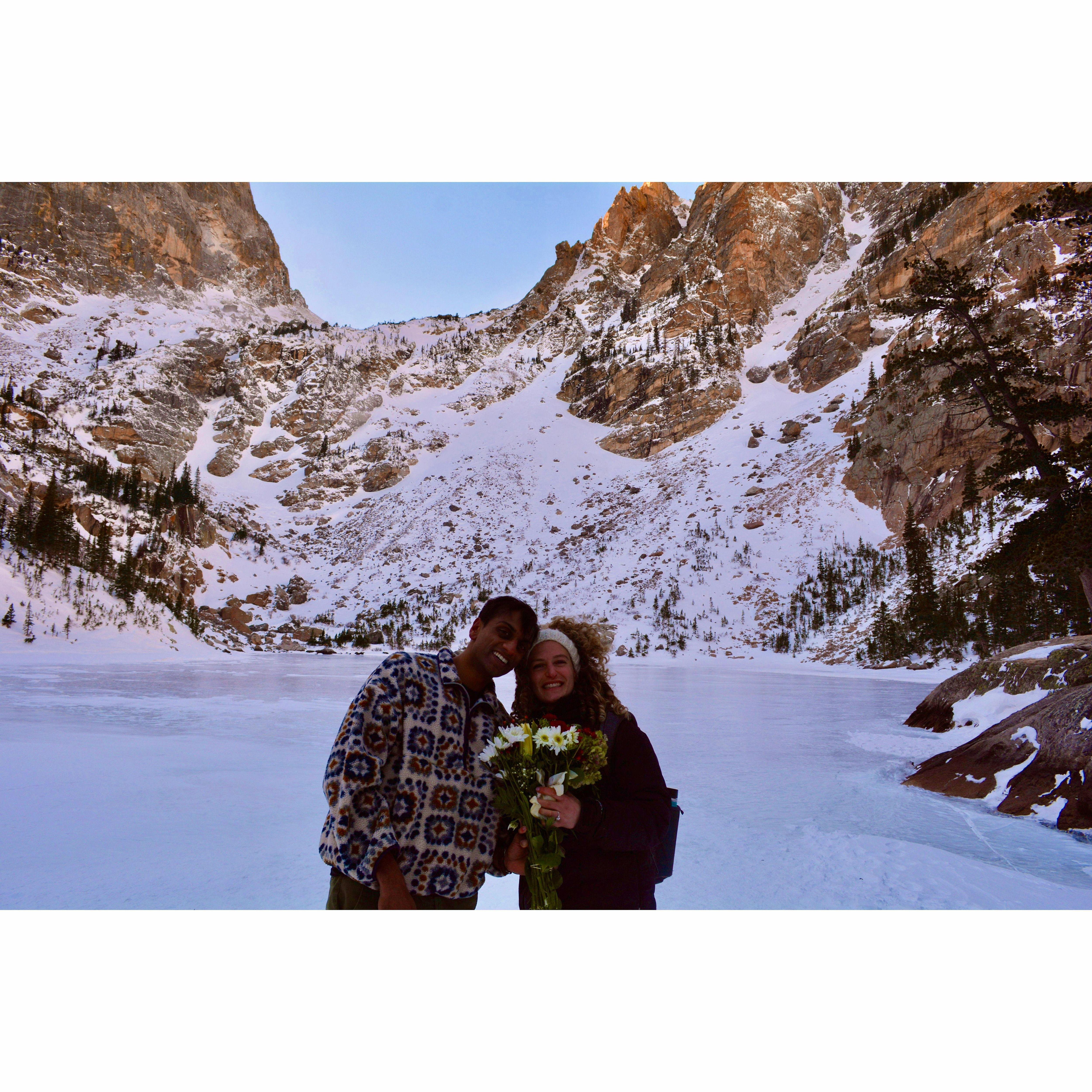 I said "yes" at a frozen Emerald Lake in Rocky Mountain National Park.