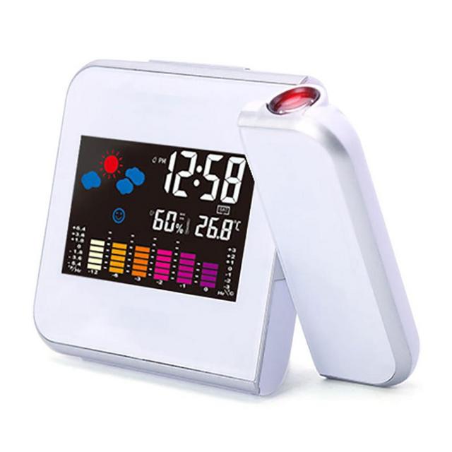 Color Black. Alarm Clock With Weather Station Thermometer Calendar Date Display 7Colors changing Snooze LED Projection Digital Clock