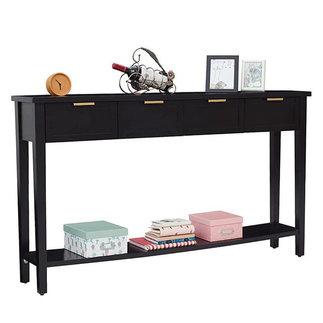 Kinbor Modern Console Table with 4 Drawers, 2-Tier Narrow Long Sofa Table with Open Shelf, Entryway Wood Console Table with Storage for Living Room Bedroom Kitchen, Bright Black