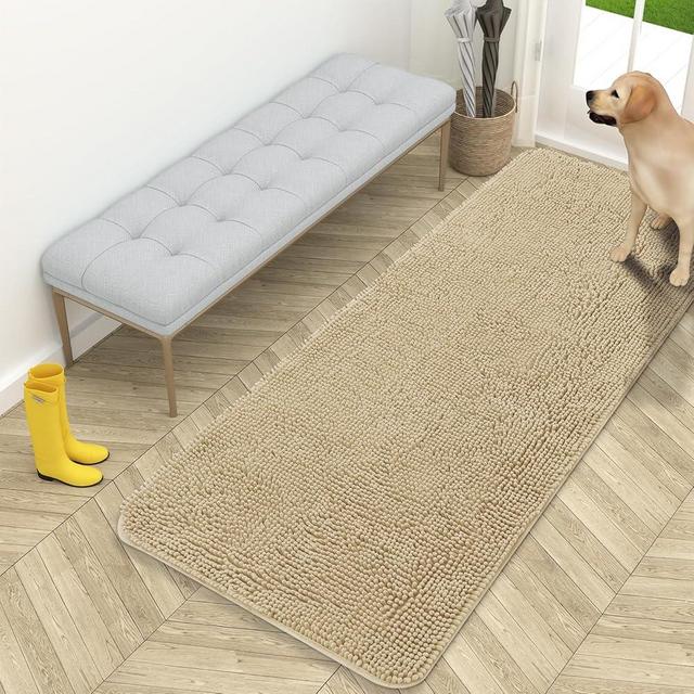 OLANLY Dog Door Mat for Muddy Paws 59x24, Absorbs Moisture and Dirt, Absorbent Non-Slip Washable Doormat, Quick Dry Chenille Mud Mat for Dogs, Entry Indoor Entryway Carpet for Inside Floor, Beige