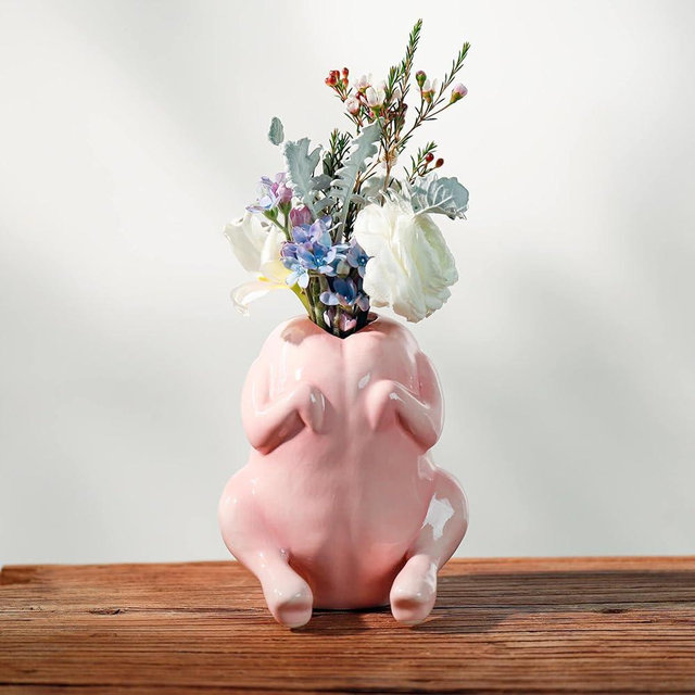 Cute Ceramic Turkey Vase for Flower, Turkey Planter Pot for Home Decor Indoor Outdoor, Unique Vases for Wedding Dinner Table Living Room Office Decorative Vase (Light Pink)