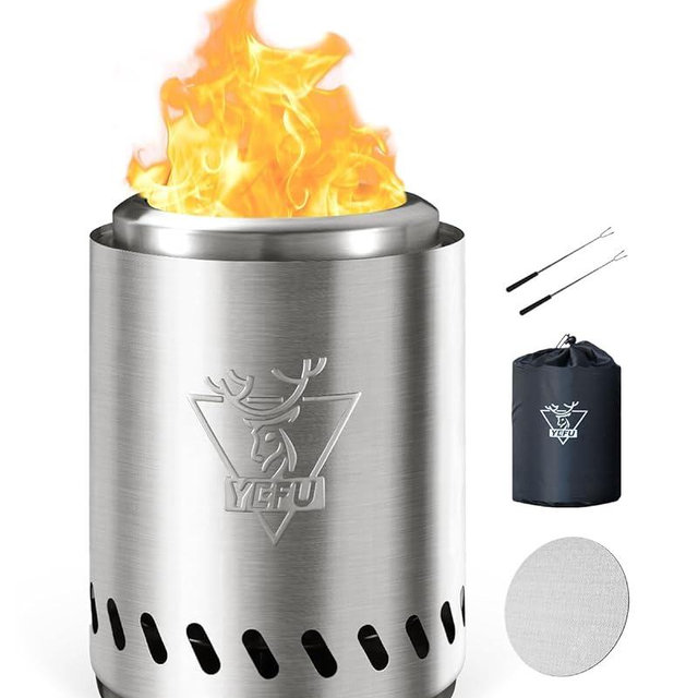 YEFU Tabletop Fire Pit 9.7 x 7.1 in, Low Smoke Camping Stove for Outdoor & Patio, Fueled by Pellets or Wood, Safe Burning Table Top Firepit, with Travel Bag & 2 Mini Sticks & Fireproof Mat, Silver
