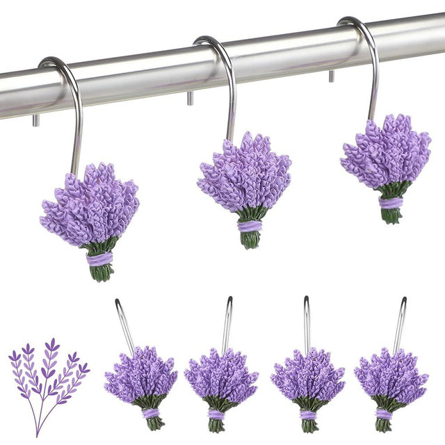 Amyhill 12 Pcs Lavender Decorative Shower Curtain Hooks Purple Lavender Shower Curtain Rings Hanger Stainless Steel Resin Spring Floral Themed Hooks for Home Bathroom Decor