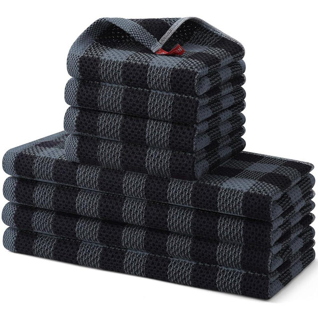 homing Buffalo Plaid Kitchen Towels and Dishcloths Set, 12" x 12" and 13" x 28", Set of 8 Bulk Cotton Waffle Weave Dish Towels, Super Soft Absorbent Hand Towels for Kitchen, Grey & Black