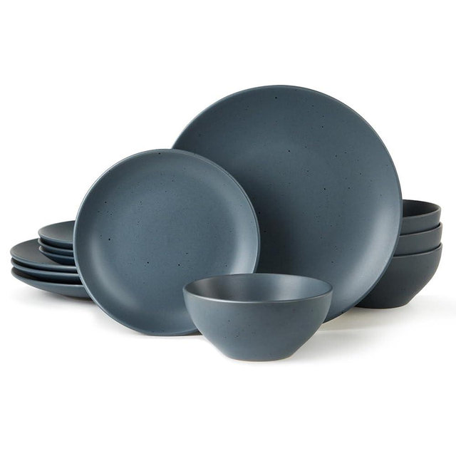 Famiware Moon Plates and Bowls Sets, 12 Pieces Dinnerware Sets, Matte Dishes Set for 4, Microwave and Dishwasher Safe, Charcoal…