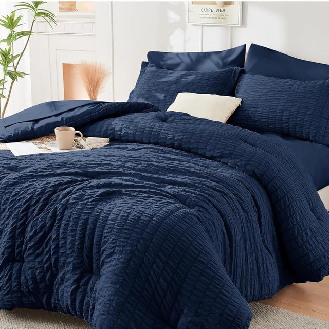 HYMOKEGE Navy Blue King Size Comforter Set Seersucker 7 Pieces, All Season Luxury Bed in a Bag for Bedroom, Bedding Set with Comforters, Sheets, Pillowcases & Shams