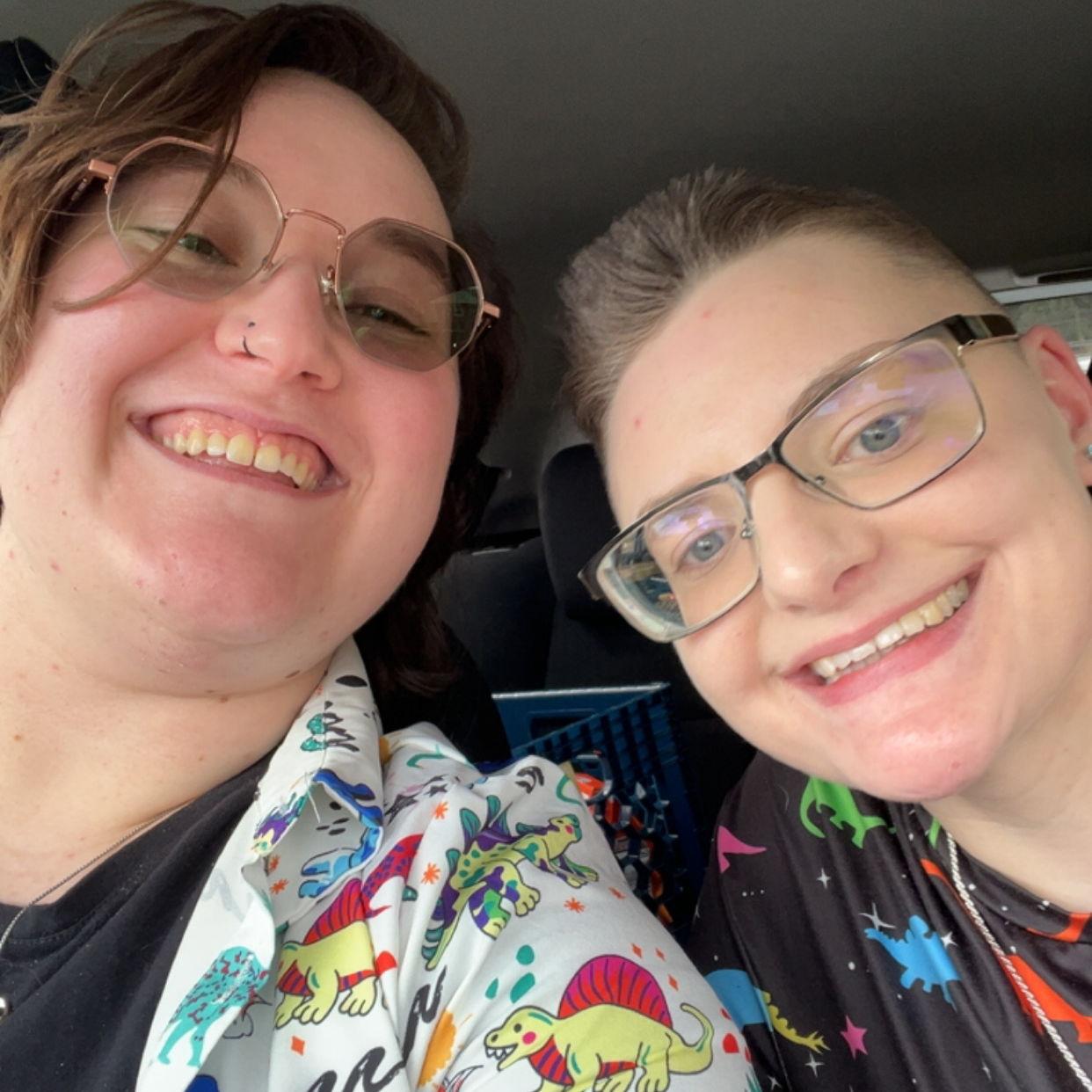 Going to our niece's second birthday. Of course we needed matching dinosaur shirts.