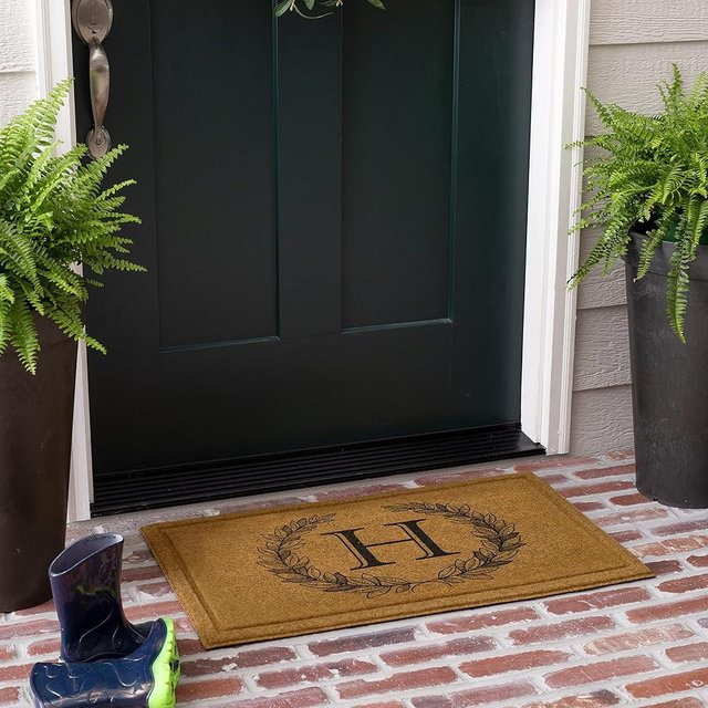 Mohawk Home Entryway Door Mat Laurel Monogram Letter H 1'6" x 2'6" Faux Coir Doormat All Weather Outdoor Non Slip Recycled Rubber