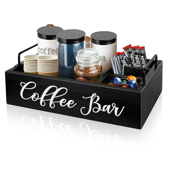 Coffee Station Organizer Wooden Coffee Bar Organizer for Countertop, Coffee Bar Accessories Organizer Farmhouse Kcup Coffee Pod Holder Storage Basket with Handle - Black