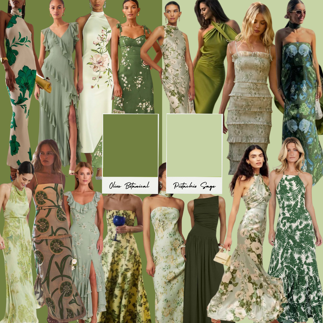 Pistachio Sage and Olive Botanical are our chosen greens. Think garden-fresh, not forest. Patterns or solids in these tones are perfect.