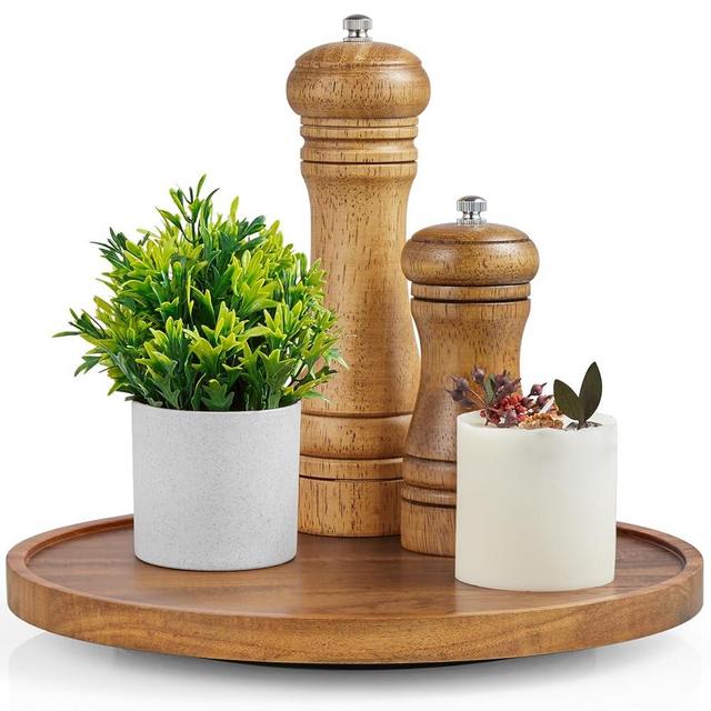 Bivvclaz Rustic Wooden Serving Tray Turntable, 10" Round Acacia Wood Decorative Tray Vintage Centerpiece Candle Holder Tray, Farmhouse Tray for Kitchen Countertop Coffee Table Decor
