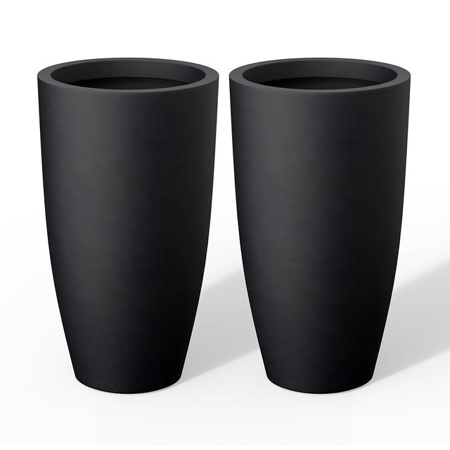 Kante 23.6" H Black Tall Planters (Set of 2), Large Outdoor Indoor Decorative Plant Pots with Drainage Hole and Rubber Plug, Modern Style for Home and Garden
