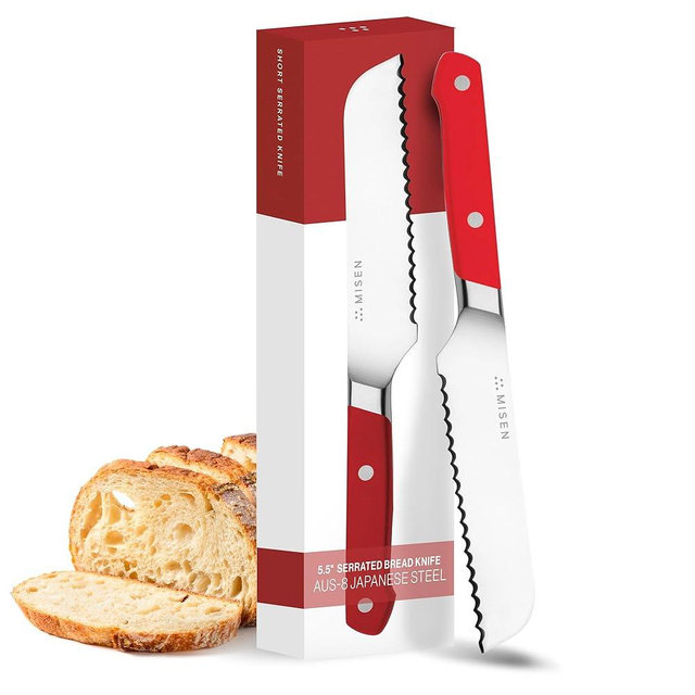 Misen Serrated Bread Knife - High-Carbon Japanese AUS8 Steel - Perfect for Soft Foods, Bread, Pastries, and Fruits - Verstatile Slicer, Razor-Sharp Edge, Durable Blade, Ergonomic Handle - 5", Red