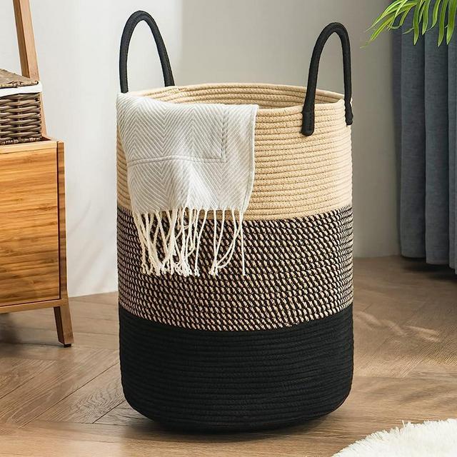 YOUDENOVA Woven Rope Laundry Hamper Basket, 100L Tall Luandry Basket, Baby Nursery Hamper for Blanket Storage, Clothes Hamper for Laundry in Bedroom-Extra Large-Black Brown