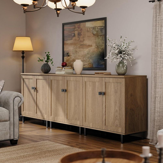 FENSULN Buffet Sideboard Cabinet Farmhouse Modern 3 in1 Storage Cabinet with Adjustable Shelves for Kitchen, Coffee Bar, Living Room, Oak