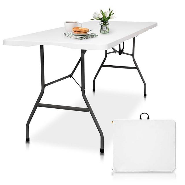 6FT Folding Table Heavy Duty Plastic Foldable Table Banquet Table Fold-in-Half Utility Table for Working Meeting Parties, Picnic, Camping, Weddings, Catering, Garden Dining-WHITE