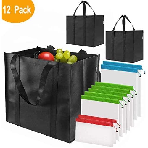 Brimago Reusable Grocery and Produce Bags: 3 Large Black Totes Hold 45+ lbs with handles and 9 Eco-Friendly Mesh Produce Bags Ripstop Fabric Machine Washable Lightweight (12 Pack)