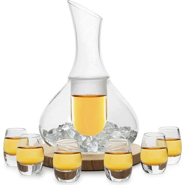 Sake Carafe Set, 6 Sake Glass Set, 8.5 Oz glasses, for Warm or Cold Japanese Wine Drinking with a Wooden Coaster Gift Sets by The Wine Savant
