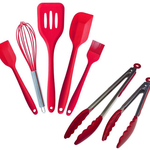 StarPack Value Bundle - Premium 5-Pc Silicone Kitchen Utensils (10.6") and 2-Pc Silicone Kitchen Tongs (9"& 12") - Cherry Red