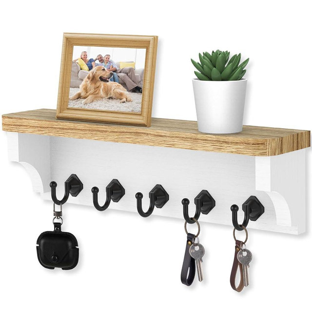 Nekon Key Holder for Wall, 11.8" W x 3.5" H x 2.8" D Decorative Key Organizer with Floating Shelf, Wall Mount Key Rack with 5 Hooks (Light Brown)