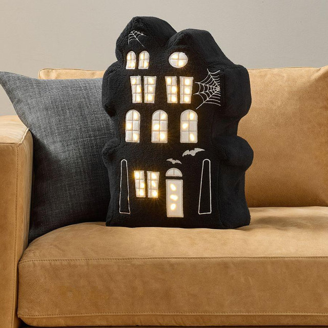 Light Up Haunted House Shaped Pillow, Black/White, 18" x 12"