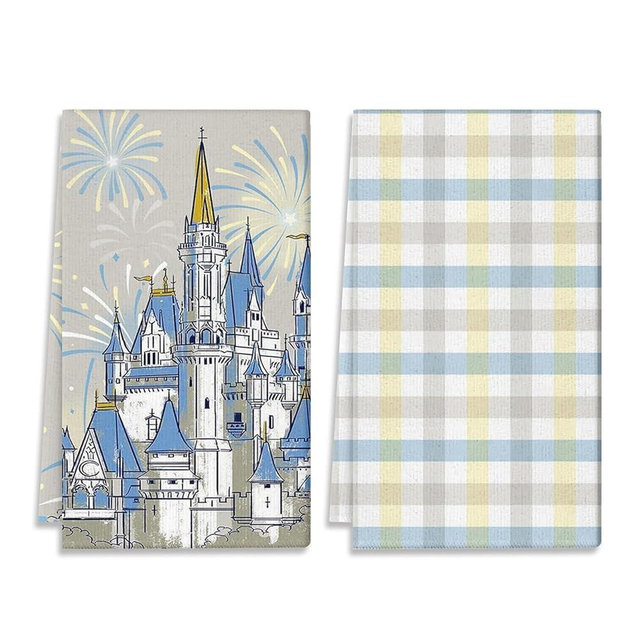 Mrazqev Blue Castle Kitchen Dish Towel Set of 2 - Fireworks Towels 18x26 Inch Absorbent Reusable Cotton Cloths for Cleaning Cute Design Home Decorative