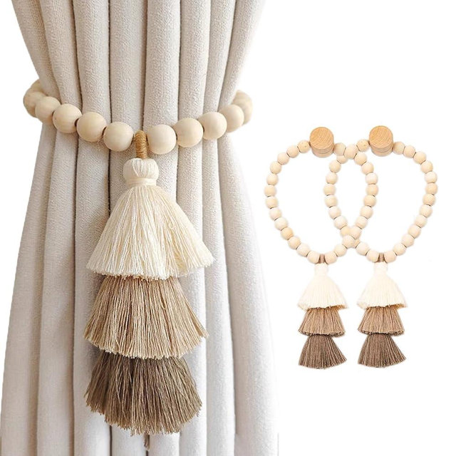 SRG Handmade Magnetic Wooden Bead Curtain Tiebacks 2 PCS | Simple Elegant Magnetic Tassel Curtain Tie Backs | Accessories Wall Decoration | Drapery Tiebacks for Bedroom Window Treatment