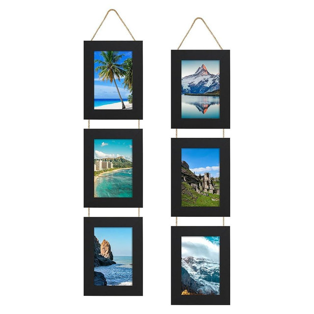 ccdcc 4x6 Collage Picture Frames Set of 2, Rustic Wooden Real Glass Vertical Hanging 3 Opening 4 by 6 Photo Frame, Black
