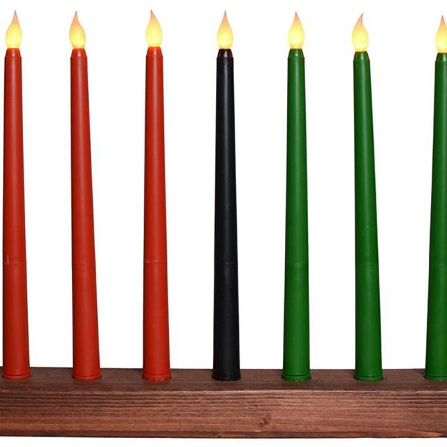 Kwanzaa Kinara - Flameless Battery Powered Electric Candles - Handmade Red Oak Wood Stain Kinara