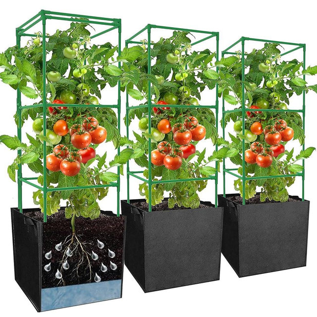 3 Packs 47 x 16 x 16 Inch Garden Tomato Cages with 17.7 Gallon Grow Bags- Square Plant Support Trellis Assembled with Planter Bags- Garden Cucumber Vegetables Frames for Vertical Climbing Plants