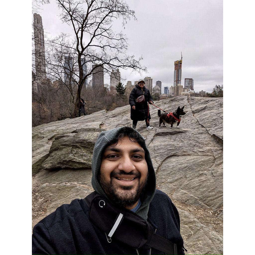 Our whole family scaling the rocks in Central Park, New York.