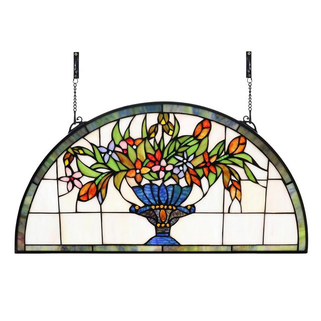 YonLouky 24 inch Flower Stained Glass Window Hanging Half Round Shade,100% Real Stained Glass Panelfor Home Decor(YLK005)