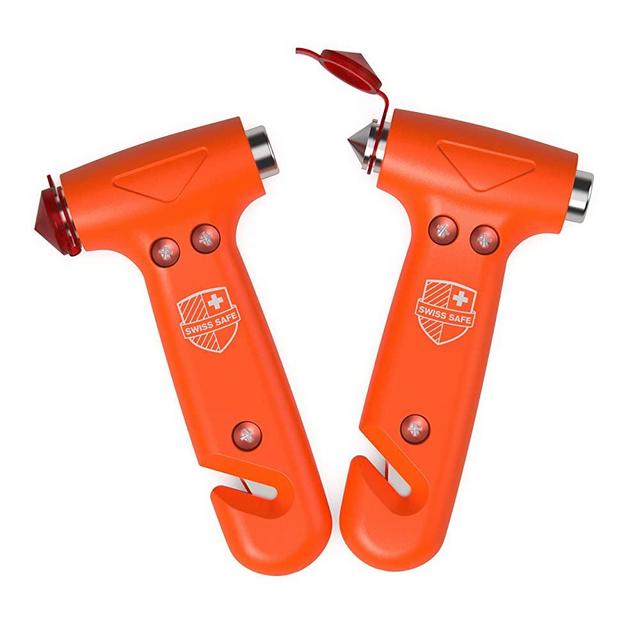 Swiss Safe 5-in-1 Car Safety Hammer, Emergency Escape Tool with Car Window Breaker and Seatbelt Cutter, Orange, 2 Pack