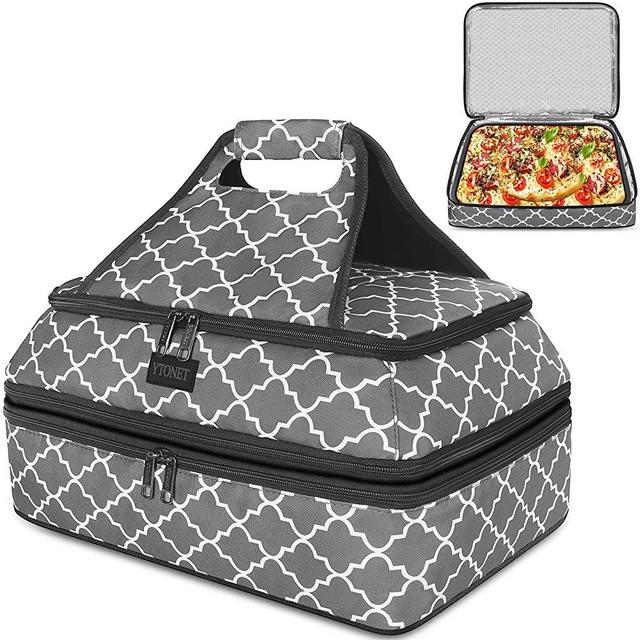 Casserole Carrier, Removable Casserole Carriers for Hot or Cold Food, Double Lasagna Holder Tote with Tableware layer, Insulated Lunch Food Bag for Potlucks, Parties, Picnics, Beaches, Camping, Grey
