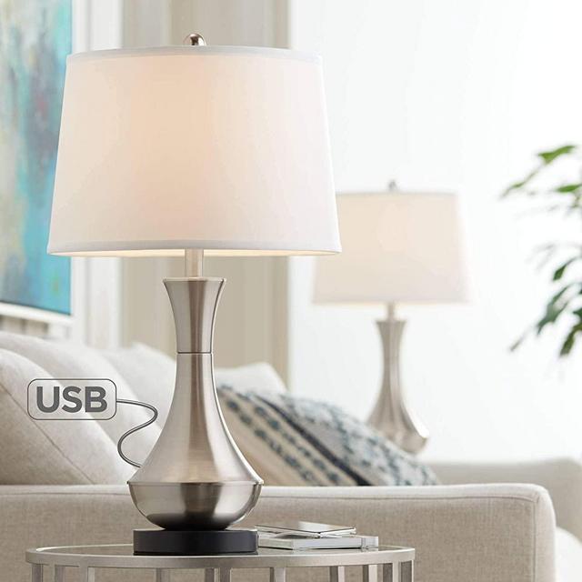 Simon Modern Table Lamps Set of 2 with Hotel Style USB Charging Port Brushed Steel Empire Shade for Living Room Family Bedroom Bedside - 360 Lighting