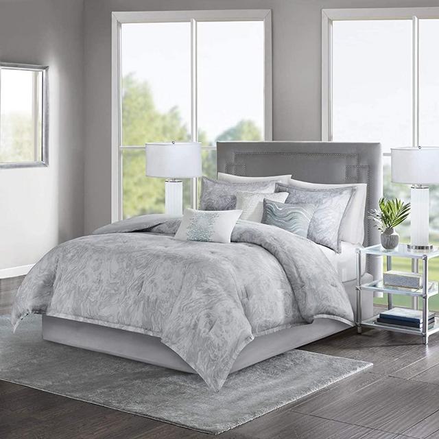 Madison Park Emory Comforter Cross-Weave Reversible Cotton Sateen Marble Printed Pattern Embroidered Pleated Pillow Soft Down Alternative Hypoallergenic All Season Bedding-Set, King(104"x92"), Grey