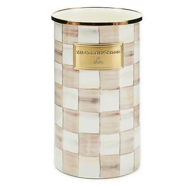 MACKENZIE-CHILDS Enamel Utensil Holder, Kitchen Utensil Holder for Countertop, Brown-and-White Mocha Check