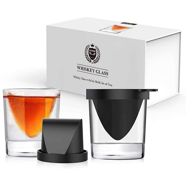 Kollea Whiskey Wedge Glasses with Silicone Ice Mold, Old Fashioned Whiskey Glasses Set of 2, Bourbon Glasses with Ice Form, Whiskey Lovers Gift for Men for Birthday, Anniversary, Retirement - 9 Oz