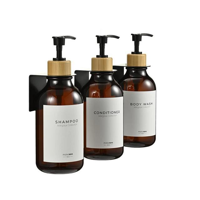 MaisoNovo Shampoo Dispenser for Shower Wall 3 Chamber - Drill Free Shower Soap Dispenser Wall Mount with Waterproof Labels | 3 Bamboo Plastic Bottle 3 Wall Mount - Amber