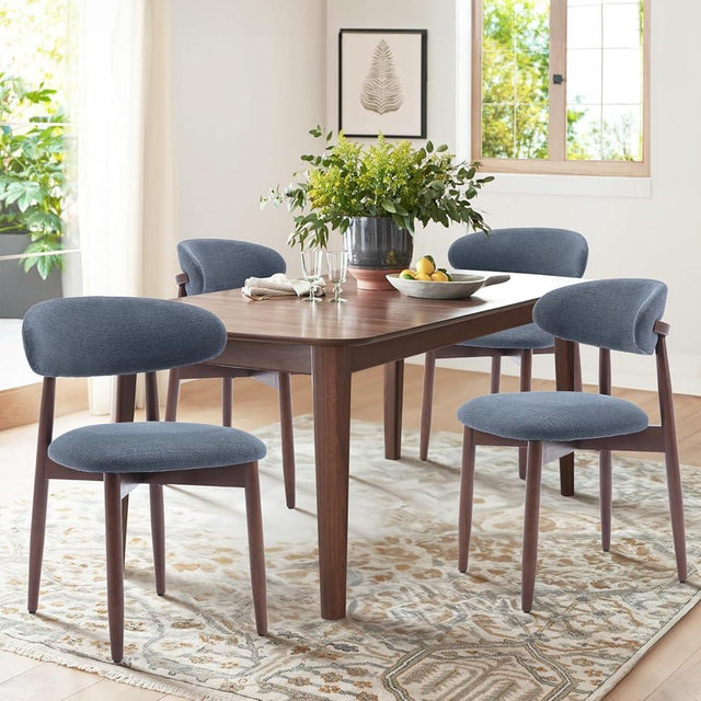 COLAMY Wooden Dining Chairs Set of 4, Modern Fabric Upholstered Kitchen Chairs, Farmhouse Dining Room Chair with Foot Pegs, Blue
