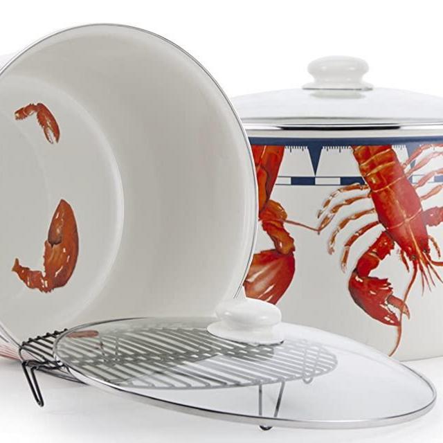 Golden Rabbit Enamelware - Lobster Pattern - 18 Quart Stock Pot with Rack