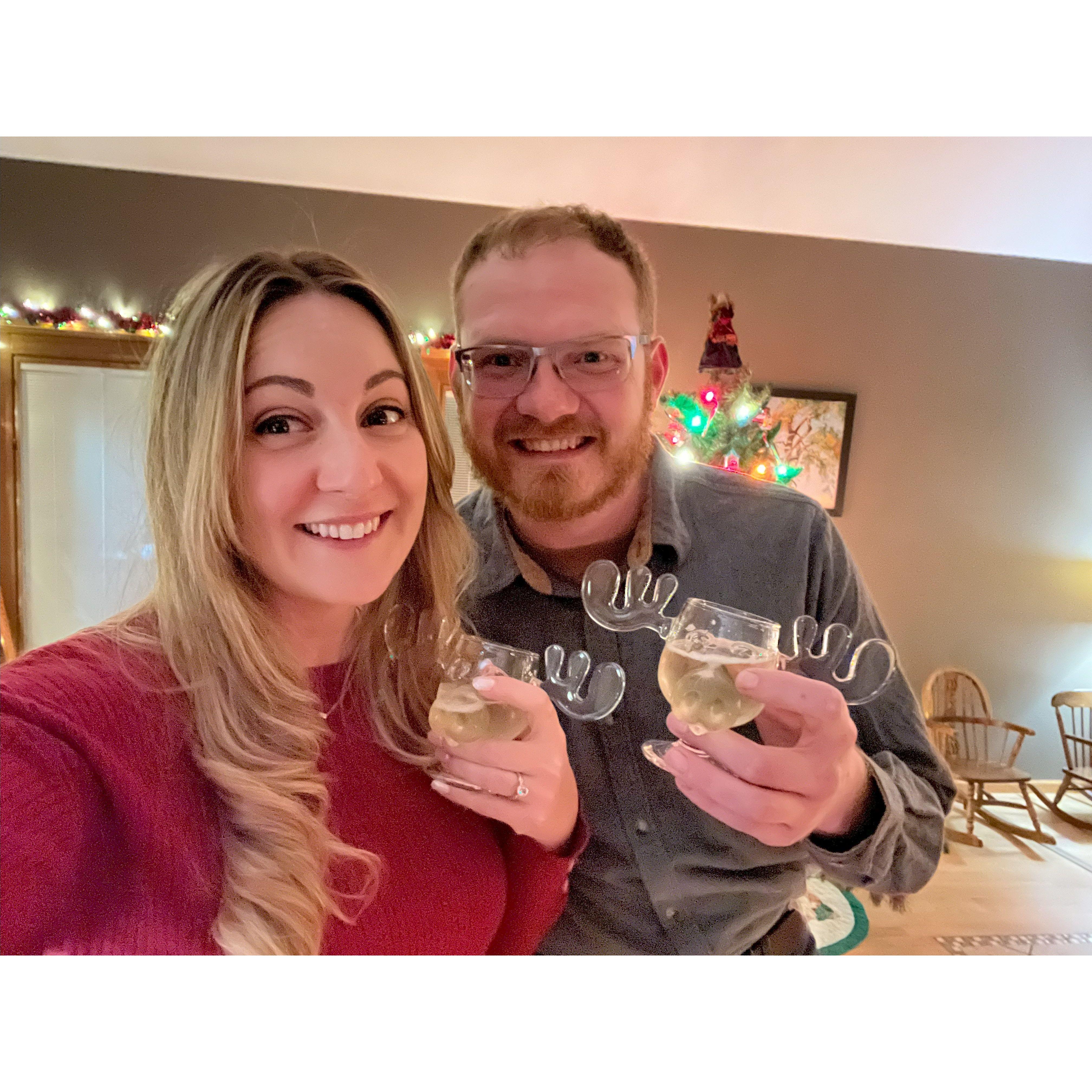 Champage toast in Iowa with moose mugs