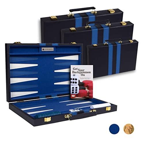 Get The Games Out Top Backgammon Set - Classic Board Game Case - Best Strategy & Tip Guide - Available in Small, Medium and Large Sizes (Blue, Medium)