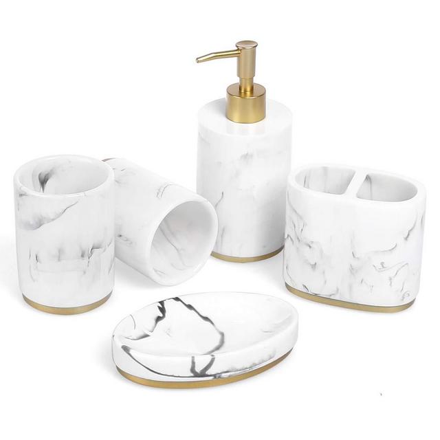 Bathroom Accessories Set, 5 Pcs White with Gold