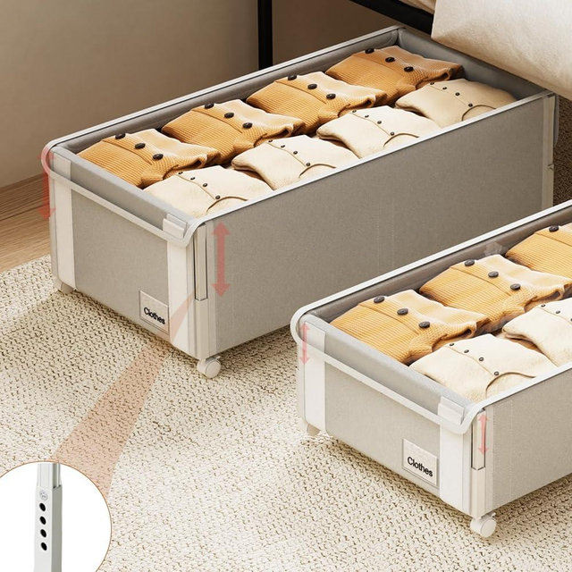 2Pack Under Bed Storage with Wheels,9.5"-12"Tall Adjustable Height Underbed Storage,Deep Under Bed Storage Containers,Rolling Under Bed Clothes Storage,Metal Under Bed Drawers for Shoes,Blankets,Toys