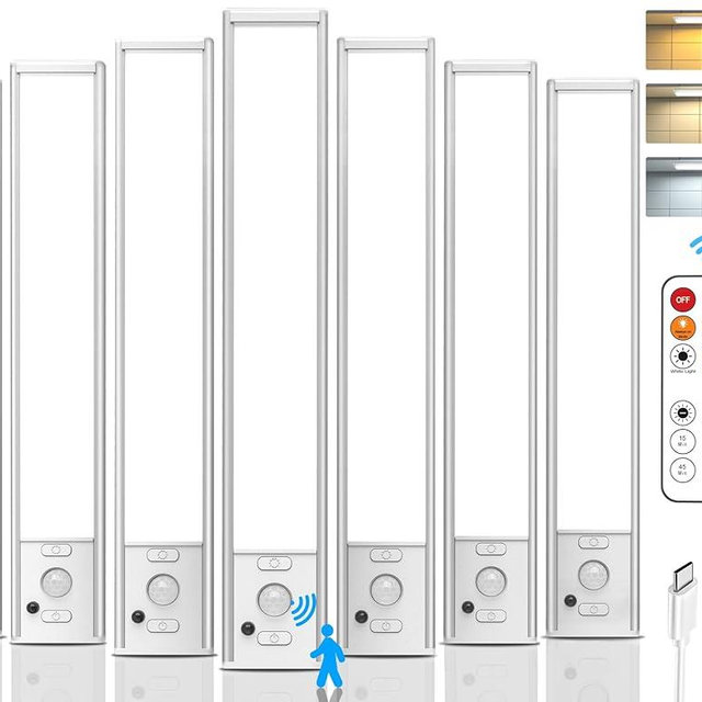 Under Cabinet Lighting with Remote Control, USB Rechargeable LED Motion Sensor Light Indoor, Magnetic Wireless Under Counter Light,3 Color Dimmable Closet Lights for Kitchen, Wardrobe, Hallway, 7 Pack