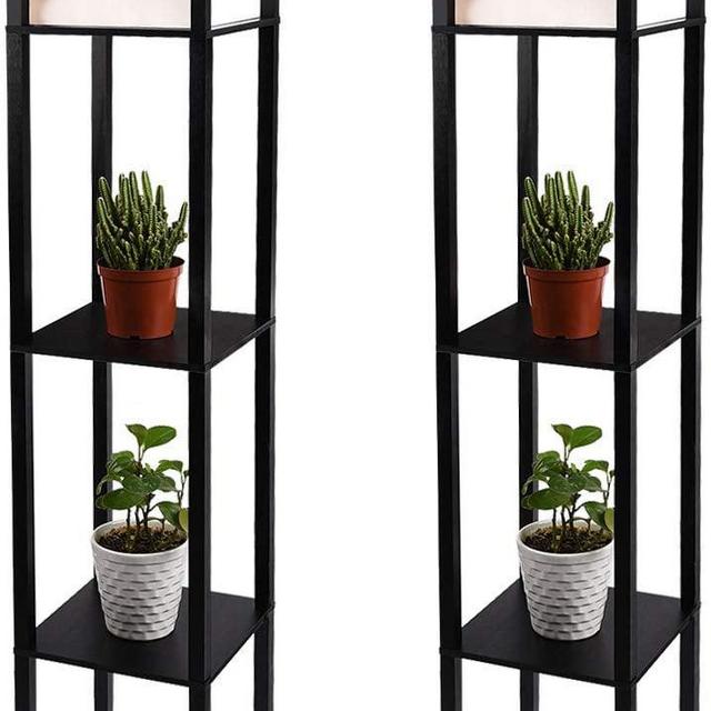 ELECWISH 63 inch Set of 2 Shelf Floor Lamp with Linen Shade, Wooden Frame Modern Standing Lamp with 3 Shelves Organizer Decor for Home