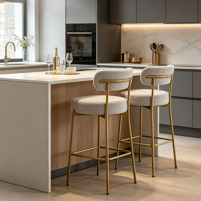 DYHOME Gold Bar Stools Set of 2, Beige Boucle Upholstered Counter Height Bar Stools, 24 inch Barsrtools with Curved Back, Mid-Century Modern Bar Chairs for Kitchen Island, Dining Room